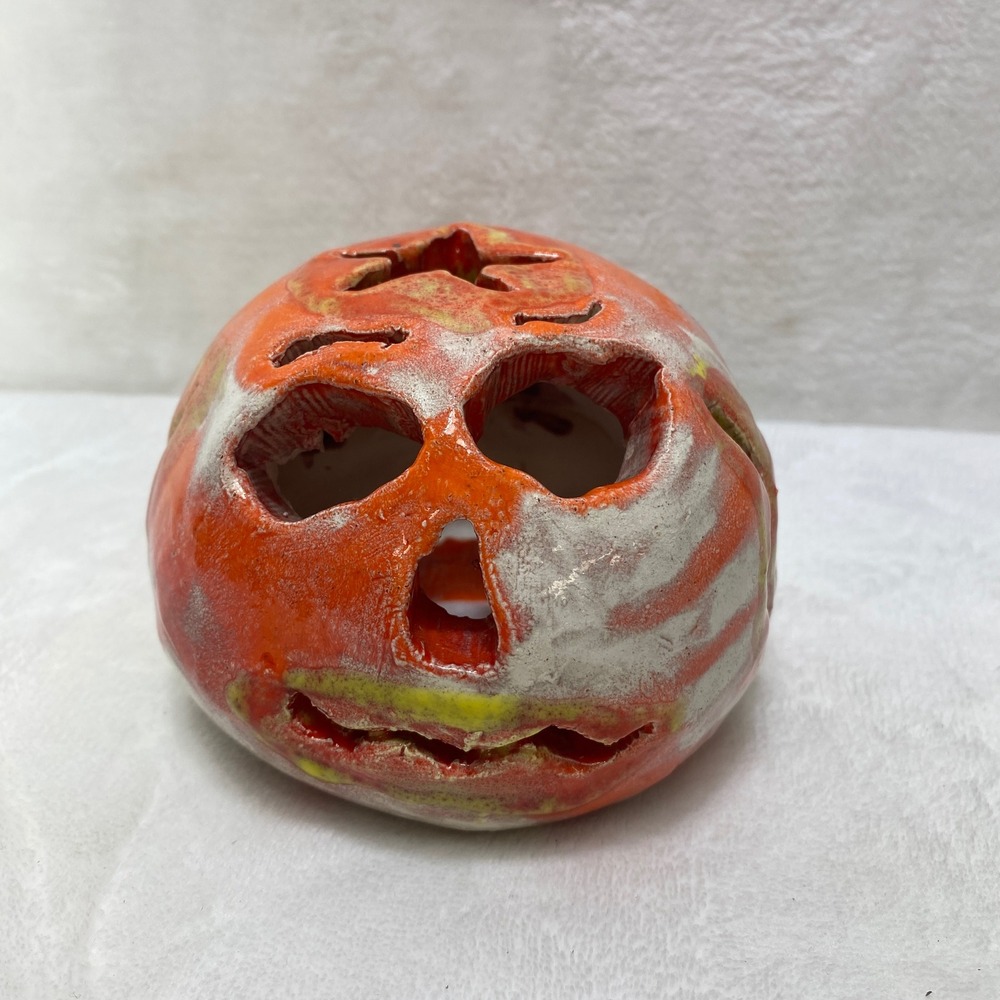 Handmade Ceramic Ugly Face Jack-O-Lantern Candle Holder Orange Glazed Folk Art